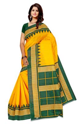 Yellow printed art silk sarees saree with blouse 1
