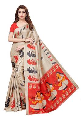 Ivory printed art silk sarees saree with blouse 1