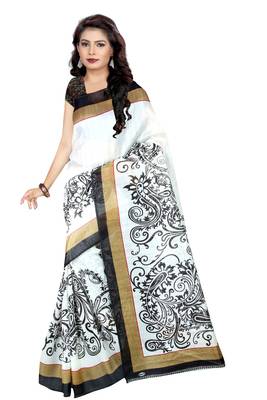 White printed art silk sarees saree with blouse 1