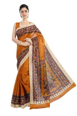 Light yellow printed art silk sarees saree with blouse 1