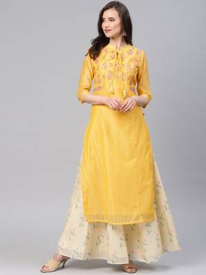 Yellow embroidered chanderi ethnic-kurtis 1