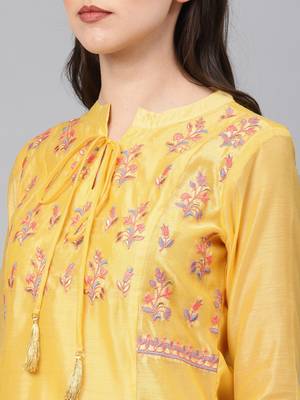 Yellow embroidered chanderi ethnic-kurtis 2