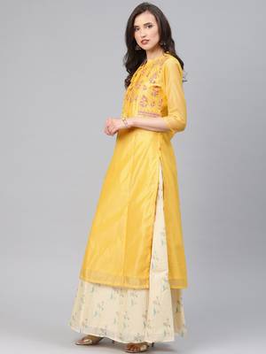 Yellow embroidered chanderi ethnic-kurtis 4