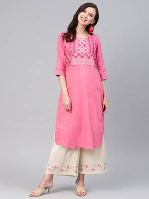 Pink embroidered cotton ethnic-kurtis 1