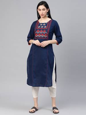Navy-blue embroidered cotton ethnic-kurtis 1