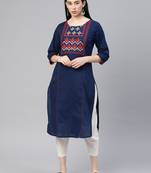 Navy-blue embroidered cotton ethnic-kurtis