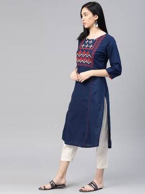 Navy-blue embroidered cotton ethnic-kurtis 4