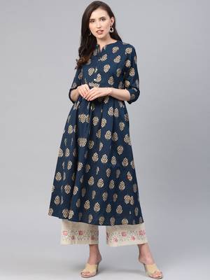 Navy-blue printed cotton ethnic-kurtis 1
