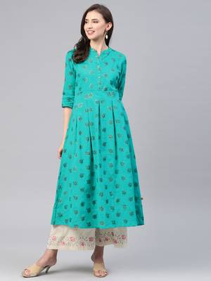 Turquoise printed cotton ethnic-kurtis 1