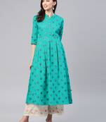 Turquoise printed cotton ethnic-kurtis