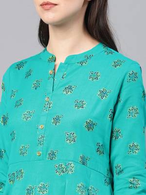 Turquoise printed cotton ethnic-kurtis 2