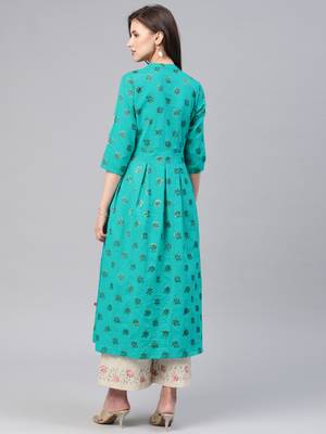 Turquoise printed cotton ethnic-kurtis 3