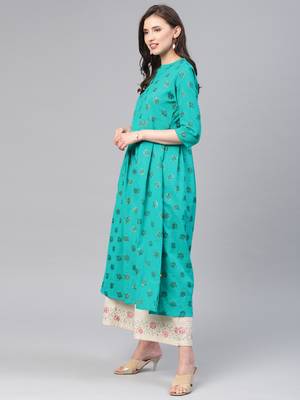 Turquoise printed cotton ethnic-kurtis 4