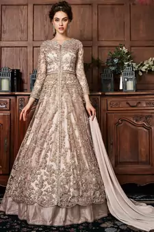 Ivory  colour crystals net anarkali 
