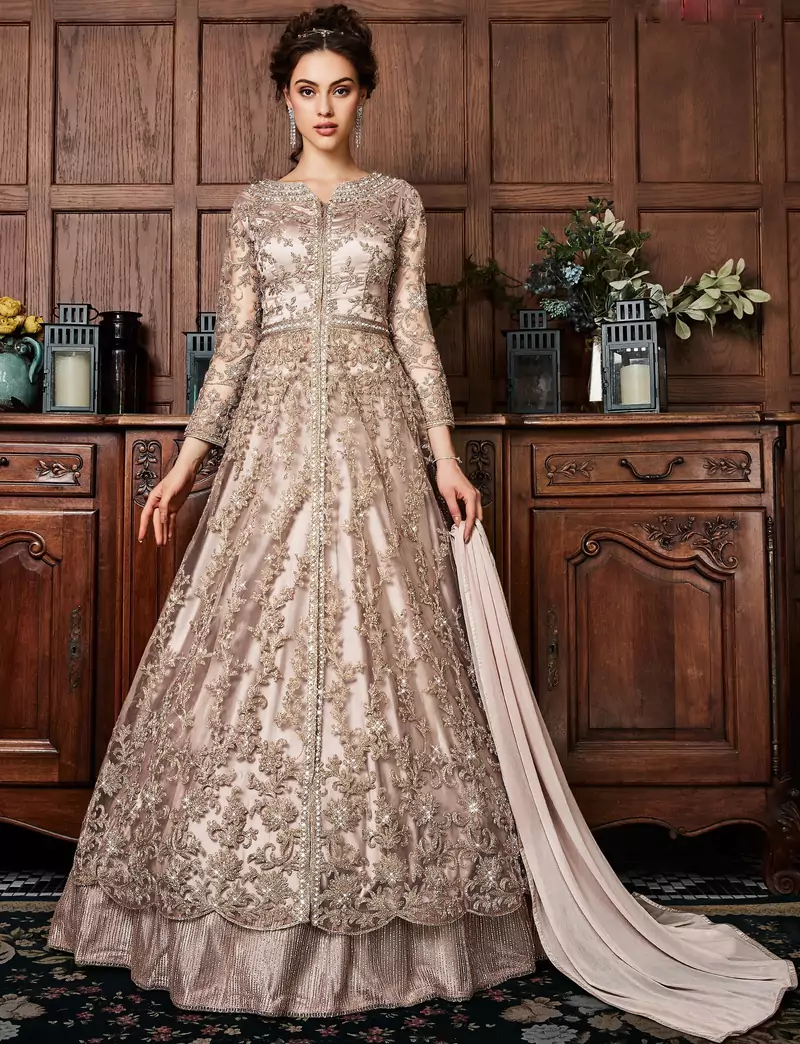 Ivory  colour crystals net anarkali 