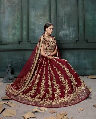 maroon fine embroidered women's lehenga set choli with dupatta 2