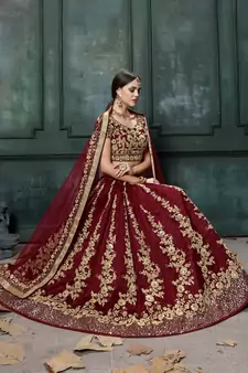 maroon fine embroidered women's lehenga set choli with dupatta