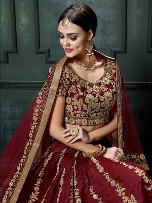 maroon fine embroidered women's lehenga set choli with dupatta 3