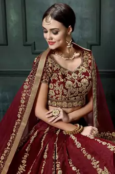 maroon fine embroidered women's lehenga set choli with dupatta