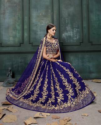 navy blue fine embroidered women's lehenga set choli with dupatta 2