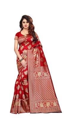 Red Printed Banarasi Silk Saree With Blouse 1