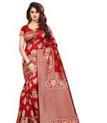Red Printed Banarasi Silk Saree With Blouse