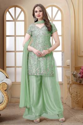 Green embroidered net semi stitched salwar with dupatta 1