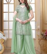 Green embroidered net semi stitched salwar with dupatta