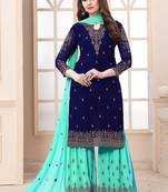 Blue embroidered faux georgette sharara suit