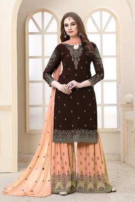 Chocolate embroidered faux georgette Sharara Suit 1