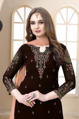 Chocolate embroidered faux georgette Sharara Suit 2