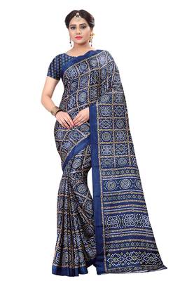 Navy blue printed art silk saree with blouse 1