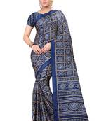 Navy blue printed art silk saree with blouse