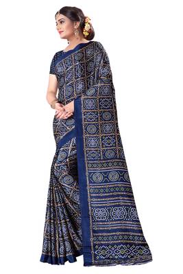 Navy blue printed art silk saree with blouse 2