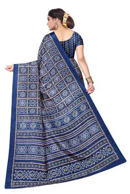 Navy blue printed art silk saree with blouse 3