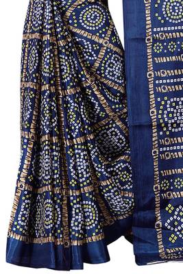 Navy blue printed art silk saree with blouse 4
