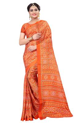 Orange printed art silk saree with blouse 1