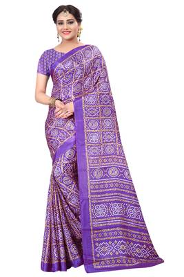 Purple printed art silk saree with blouse 1