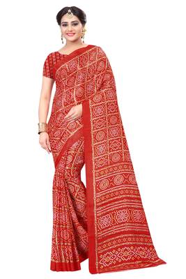 Red printed art silk saree with blouse 1