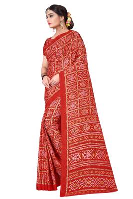 Red printed art silk saree with blouse 2