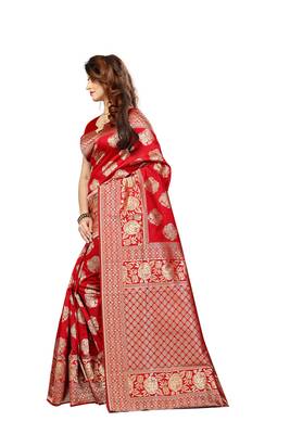 Red Printed Banarasi Silk Saree With Blouse 2