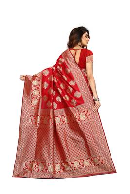 Red Printed Banarasi Silk Saree With Blouse 3