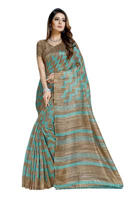 Turquoise Printed Art Silk Saree With Blouse 1