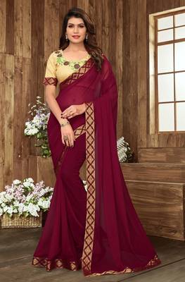 Purple plain georgette saree with blouse 1