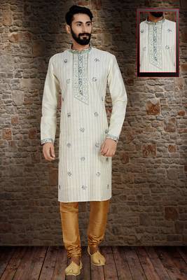 Cream Stylish Pintex Silk Kurta Set 1