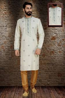 Cream Stylish Pintex Silk Kurta Set