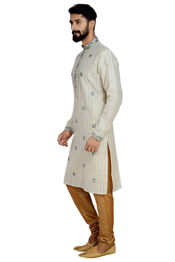 Cream Stylish Pintex Silk Kurta Set