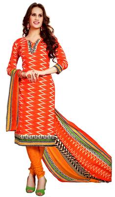 Orange Printed Cotton Unstitched Salwar With Dupatta 1