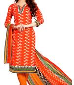 Orange Printed Cotton Unstitched Salwar With Dupatta