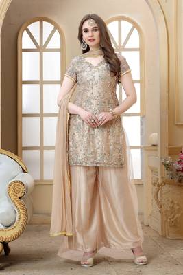 Rosybrown Color  Embroidered Moti Work Net  Sharara suit 1